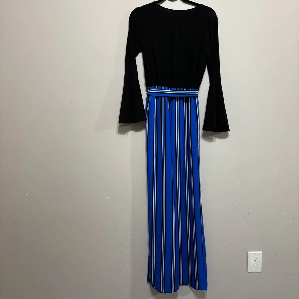 Chic Black Top with Blue Striped Pants Jumpsuit - Picture 3 of 3